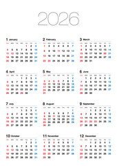 2026年の日曜始まりの年間カレンダーです。縦位置
