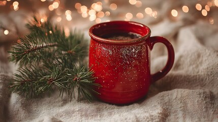 Obraz premium Cozy winter scene with a red mug of hot cocoa and evergreen boughs against bokeh lights