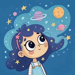3D Flat vector of cartoon a cute girl dreaming with galaxy 