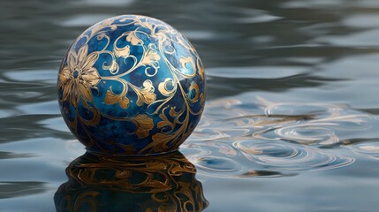 Ornate blue sphere with golden floral patterns floats serenely on rippling water surface
