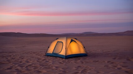 Illuminated tent stands in a desert landscape beneath a colorful twilight sky with distant mountains
