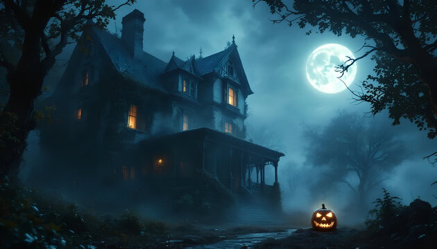 verfallenes Herrenhaus, eingeh&uuml;llt in dichten Nebel in einer mondhellen Halloweennacht