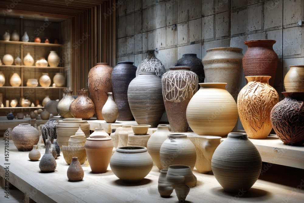 Aufkleber artisan pottery display showcases intricate designs and craftsmanship in a modern gallery setting