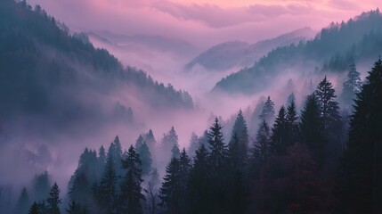 Obraz premium Foggy mountain landscape with pine trees under a pastel purple sky reveals a serene natural environment.