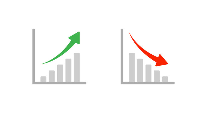 Growth and decline bar chart icon in flat style. Upward and downward arrow graph symbol
