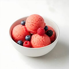 berries ice cream with raspberry and blueberry on white bowl