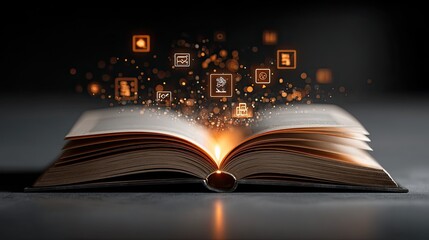 Illuminated open book with glowing digital icons above representing knowledge, education, and e-learning concept