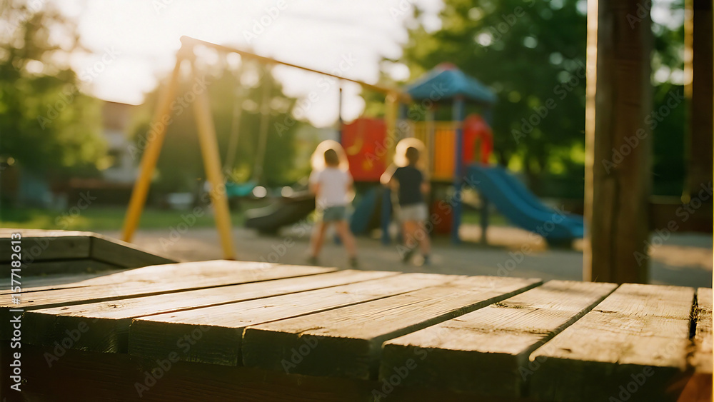 Poster wooden table overlooking playground with children and slide in the background during daytime