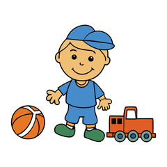 Cute kid boy playing train basketball, smiling and dribbling a small ball with joy, wearing a cap and sneakers, having fun in a bright, playful scene.
