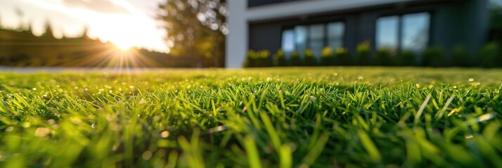 Grass and Modern House. Close-Up Green Lawn with modern house in the background.