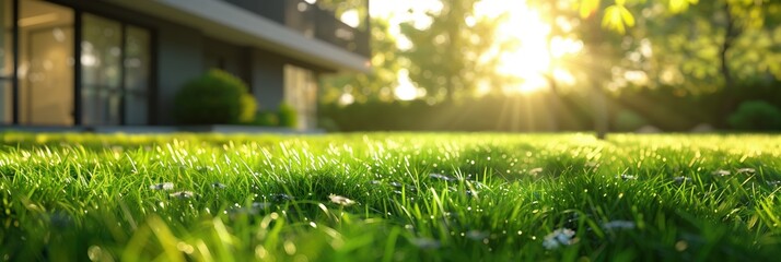Grass and Modern House. Close-Up Green Lawn with modern house in the background.