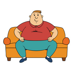 A fat man lounging on a sofa, relaxed with snacks in hand, enjoying his comfort zone, belly up, remote in reach, living a laid-back, cozy, unbothered lifestyle.
