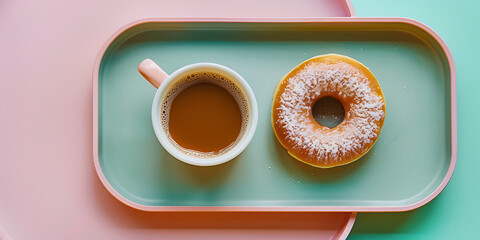 Cup of Coffee with Powdered Sugar Donut on Tray

