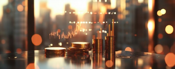 Gold Coins and Stock Chart in City Background