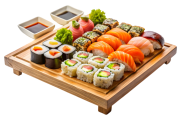 Wooden tray with sushi on a transparent or clear surface PNG transparent background