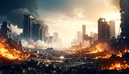 Devastated Cityscape Aftermath of destruction with fire  smoke with postapocalyptic scene.