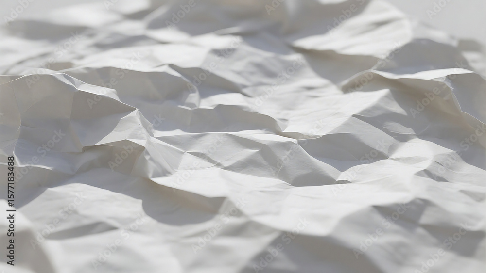 Poster close up view of wrinkled white paper creating an abstract textured surface with shadows and highlig
