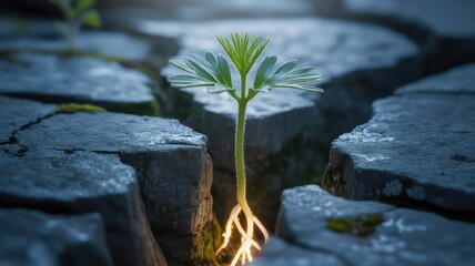 A small plant growing out of a crack in some rocks symbolizing resilience and new beginnings in nature