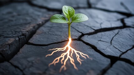 A small green plant growing from cracked dry earth with glowing roots visible underneath the soil