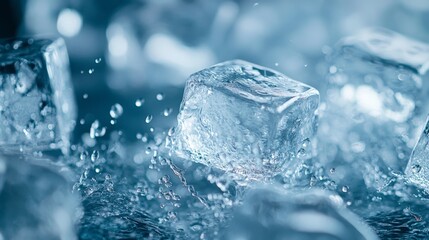Refreshing cold ice cubes sparkle with water droplets in a cool light blue environment, perfect for beverage and summer themes.