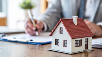 Real estate agent or homeowner reviewing documents and signing paperwork with a model house on the desk