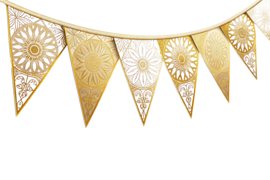Elegant gold and black ornate bunting flags isolated on transparent background