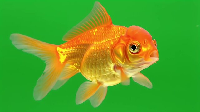 Vibrant Golden Oranda Goldfish with Prominent Head Growth Against a Bright Green Background