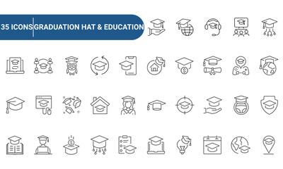 graduation hat and education Web Icons Set in Line or outline Style related to graduation hat, education. Icons for web and mobile app. Linear icons collection. Editable strokes. Vector illustration.