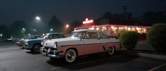 Vintage cars parked at retro diner during nighttime scene with neon lights