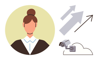 Female professional portrait beside upward arrows symbolizing growth and a cloud-linked surveillance camera. Ideal for security, career, monitoring, analytics, strategy, progress, leadership. Simple