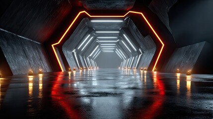 Hex neon garage tunnel with glowing hexagon lights, futuristic sci-fi corridor for gaming, technology, cyberpunk, and design ads