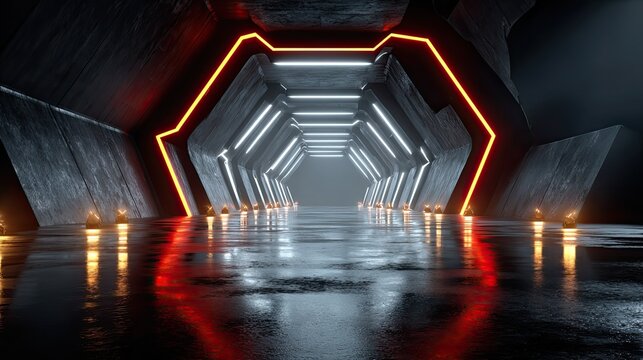 Hex neon garage tunnel with glowing hexagon lights, futuristic sci-fi corridor for gaming, technology, cyberpunk, and design ads