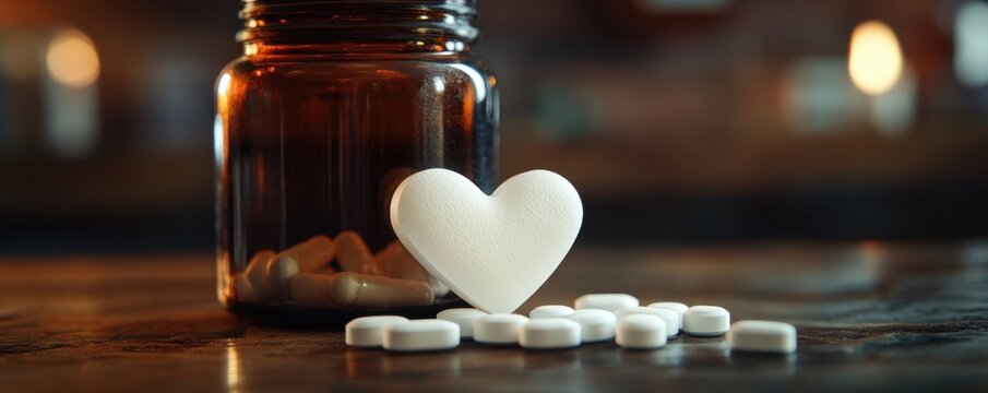 Medicine Bottle with Heart-shaped Pill and White Tablets on Wooden Surface in Soft Lighting