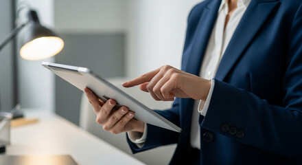 Close-up image of a businesswoman in formal attire using a digital tablet and stylus to analyze business data and financial charts. The modern workplace environment emphasizes technology and productiv