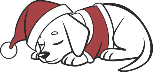 Adorable cartoon puppy wearing a santa hat and scarf peacefully sleeping during the holiday season