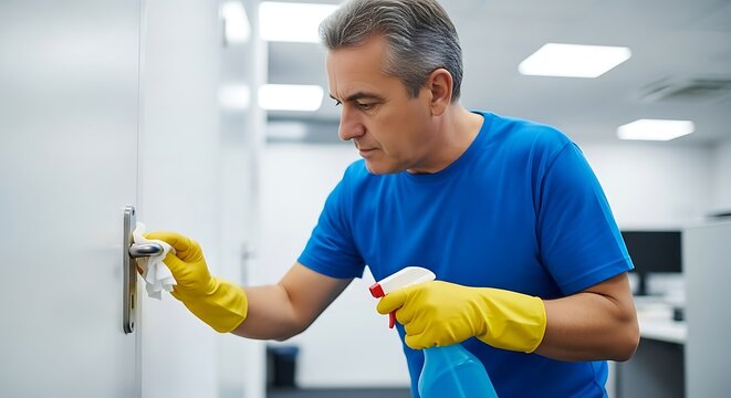 Office Hygiene Man Sanitizing Door Handle for Workplace Cleanliness and Safety