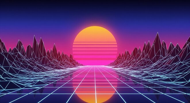 80s Retro-Futuristic Synthwave Landscape with Neon Grid Mountains