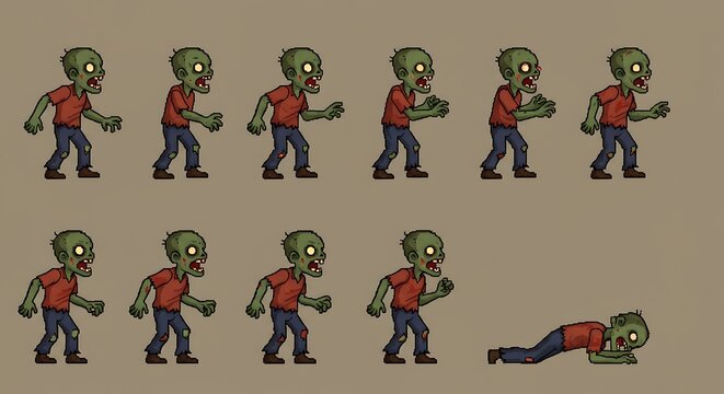 Animated zombie character poses show a sprite sheet ready for game development with a Halloween horror theme.