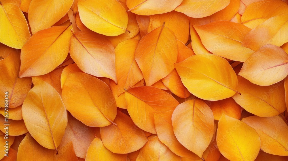 Poster close up view of overlapping yellow and orange autumn leaves creating a warm and colorful fall backd