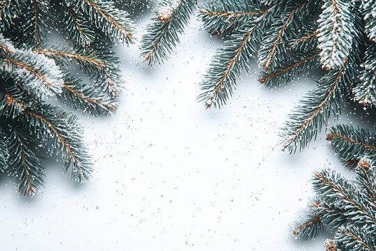 Verdant fir sprigs creating delicate green border against crisp white background, suggesting winter elegance and festive seasonal styling