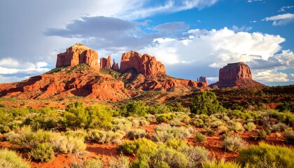 Dramatic Sedona Landscape Red Rock Mountains under a Cloudy Arizona Sky.