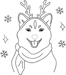 Joyful shiba inu dog wearing antlers and scarf surrounded by snowflakes and sparkles