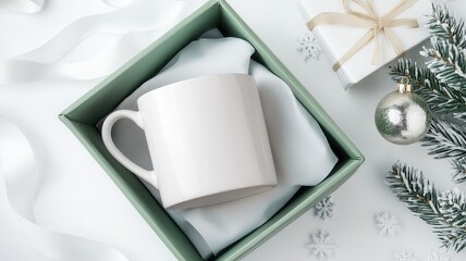 Festive white ceramic mug nestled in open gift box, surrounded by holiday decorations, pine branches, ornaments on teal background