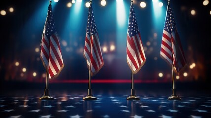 Nighttime american flag flying, blurred capitol building backdrop, symbolizing national political landscape