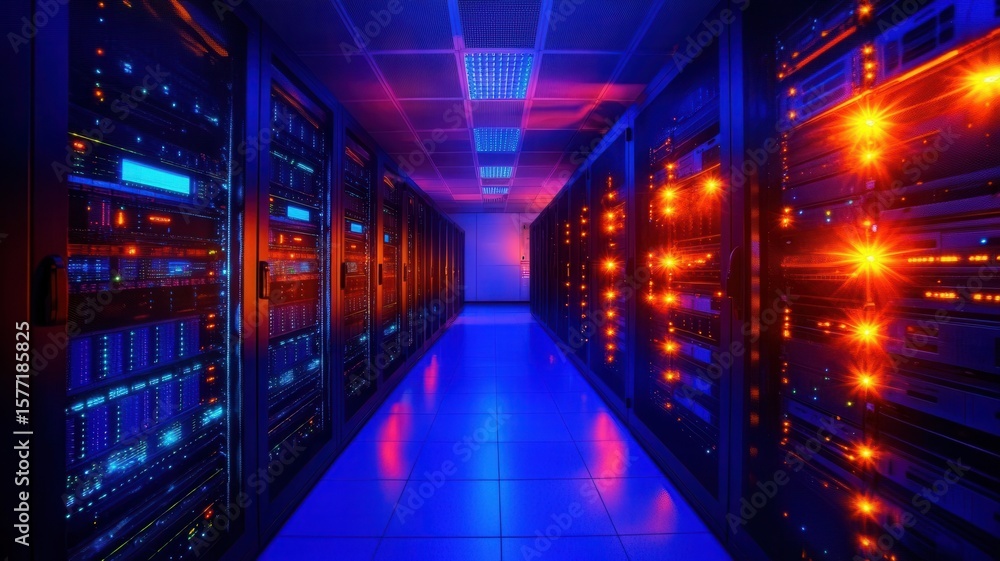 Aufkleber server room glowing with blue and orange lighting, featuring high tech networking hardware and sleek