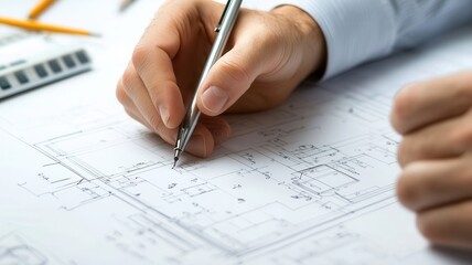 Architectural professional drafting precise house blueprint, using ruler and tools at workspace with focused precision