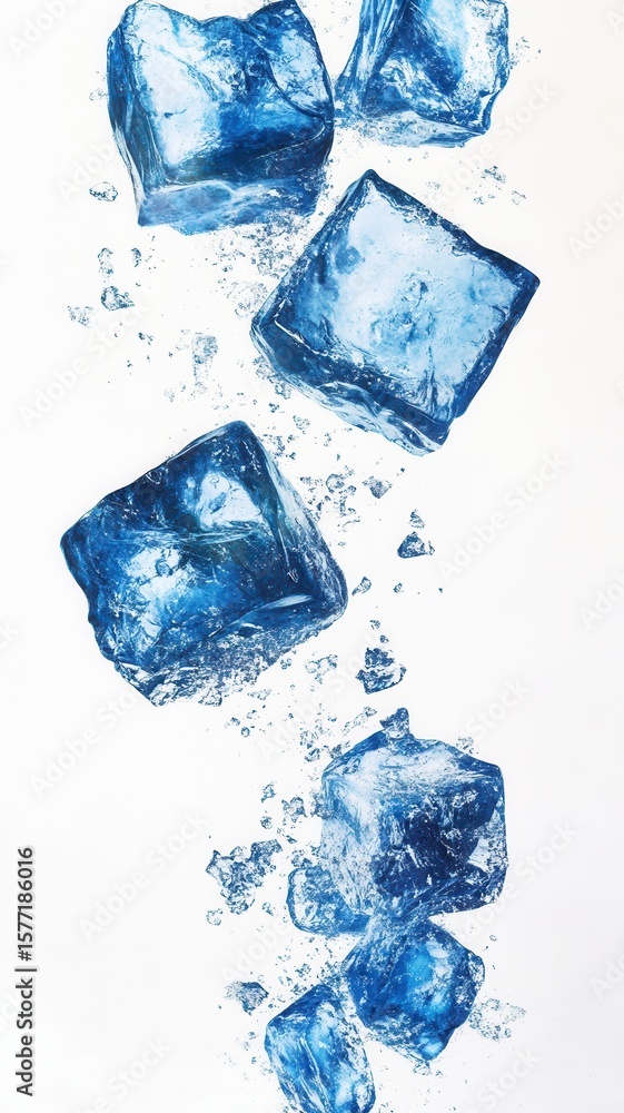 Aufkleber ice cubes falling against a bright white background, creating dynamic splashes and scattering refres