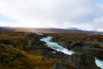 Godafoss, the “Waterfall of the Gods,” is a wide, elegant waterfall in North Iceland, rich in history and natural beauty.