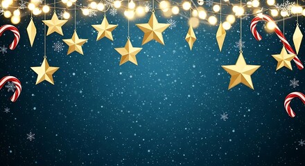 Festive Winter Background: Gold Stars, Candy Canes, and Sparkling Lights