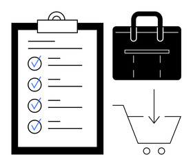 Checklist with checkmarks, shopping bag, and cart with a downward arrow. Ideal for retail, planning, organization, productivity, ecommerce workflow and business. Simple flat metaphor
